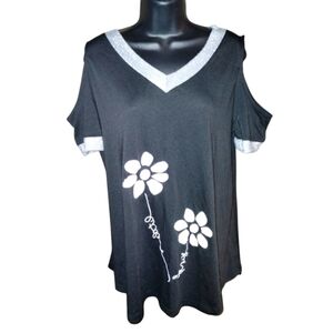 Exclusive top size large black and silver, cut out shoulders, white flowers